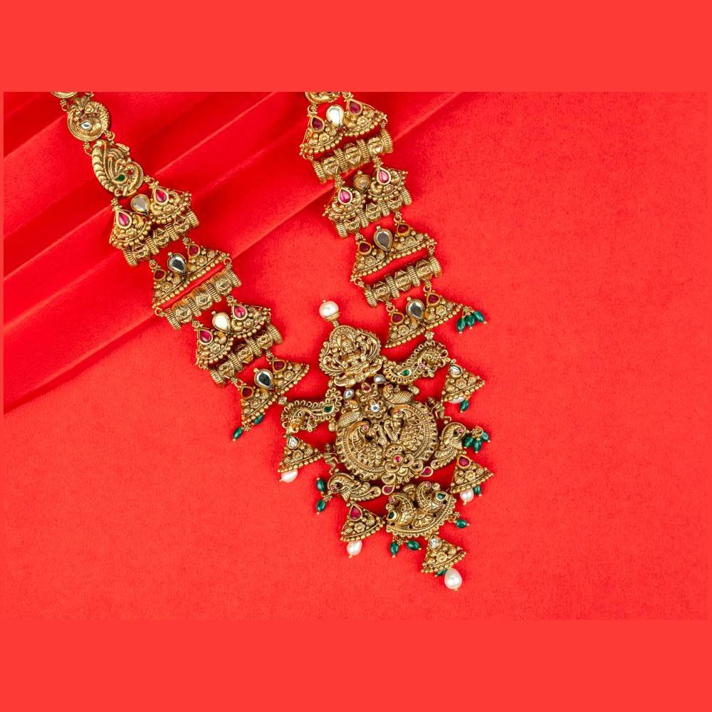 Antique Lakshmi Temple Necklace with Green Stones & Pearl Drops
