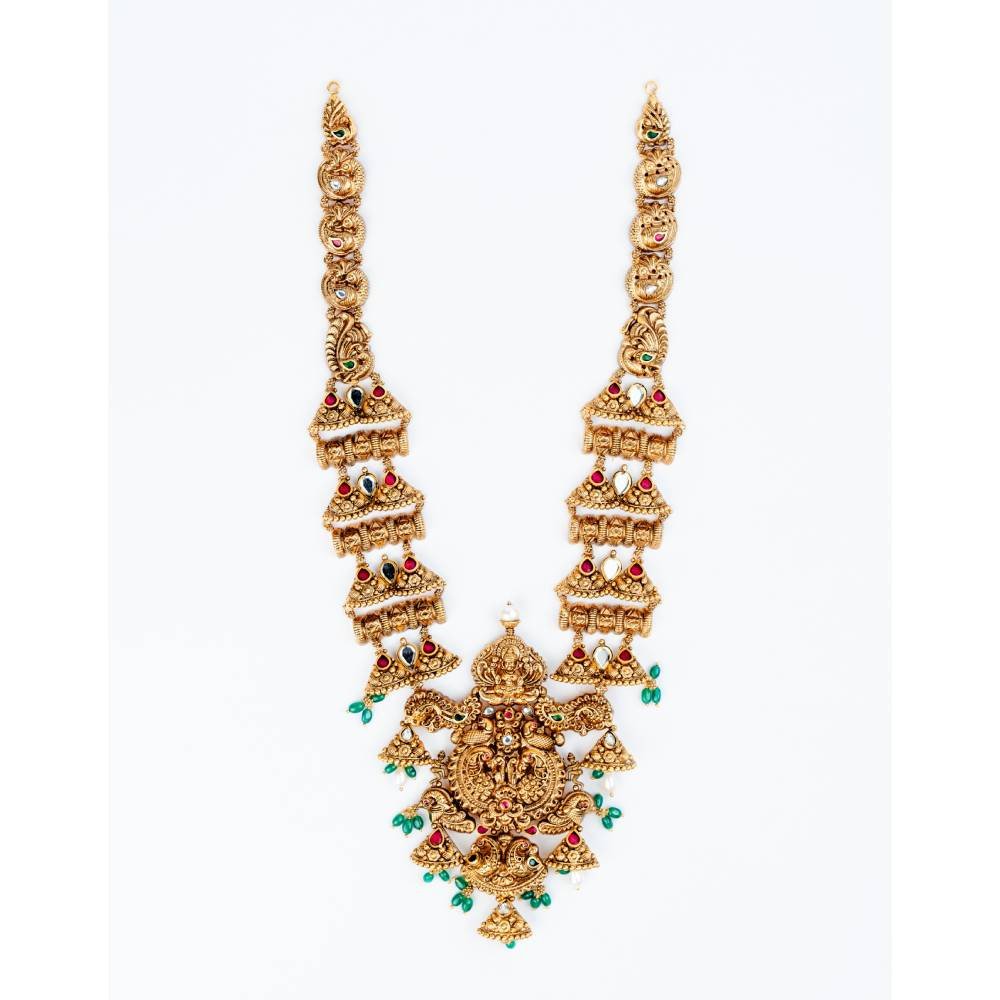Antique Lakshmi Temple Necklace with Green Stones & Pearl Drops