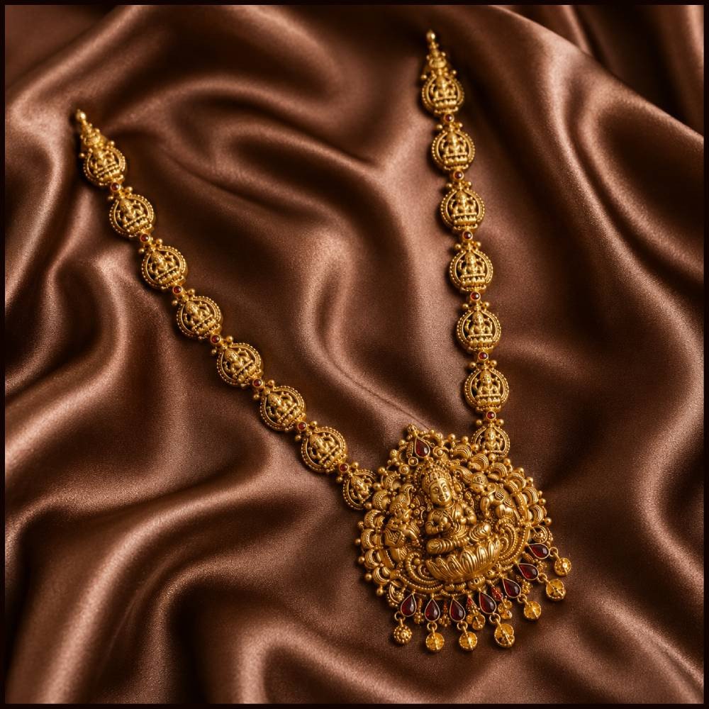 Antique Lakshmi Temple Pendant Necklace with Kasu Chain & Ruby Stones