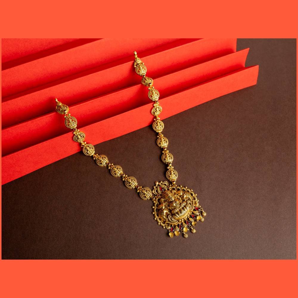 Antique Lakshmi Temple Pendant Necklace with Kasu Chain & Ruby Stones