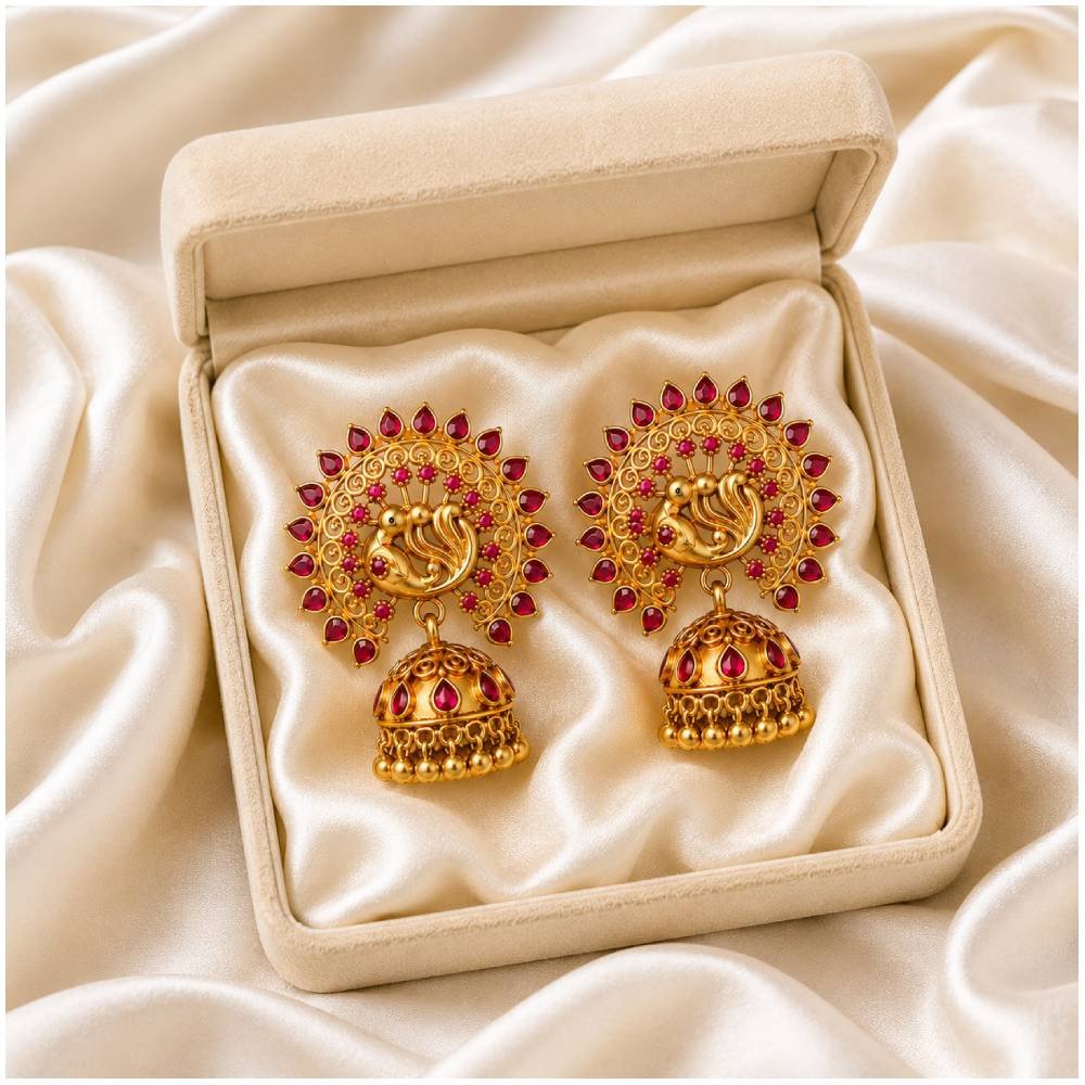 Antique Peacock Jhumka Earrings with Kemp Stones