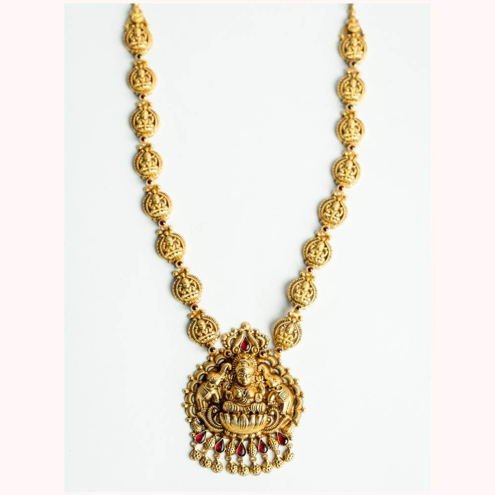 Antique Lakshmi Temple Pendant Necklace with Kasu Chain & Ruby Stones