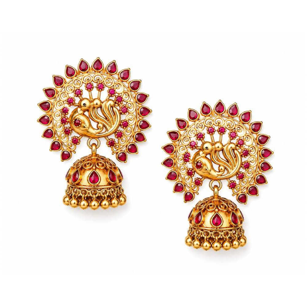 Antique Peacock Jhumka Earrings with Kemp Stones