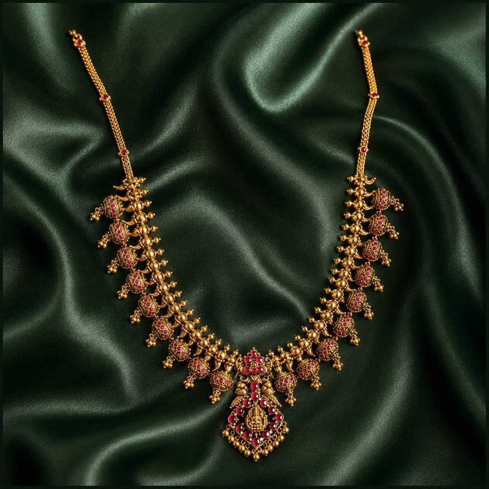 Antique Lakshmi Temple Necklace with Ruby Stones & Pearl Drops