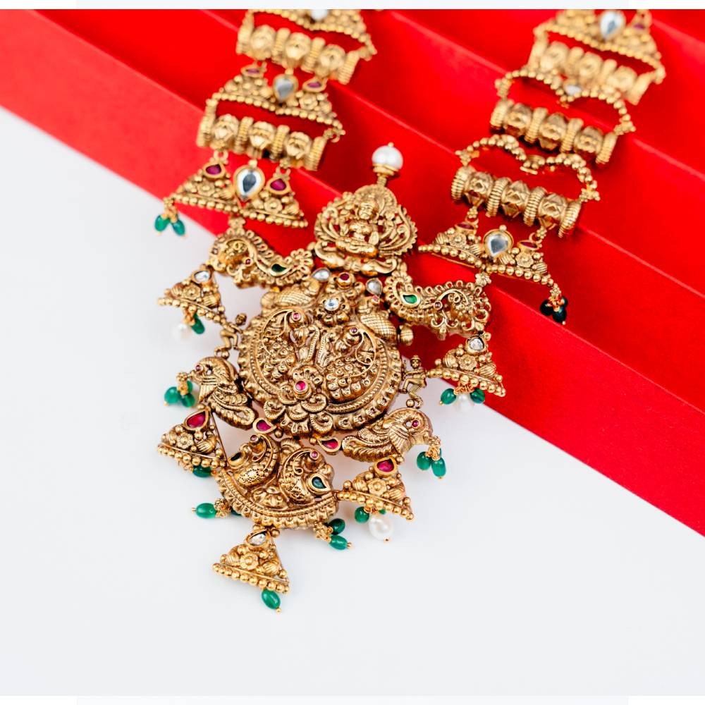 Antique Lakshmi Temple Necklace with Green Stones & Pearl Drops
