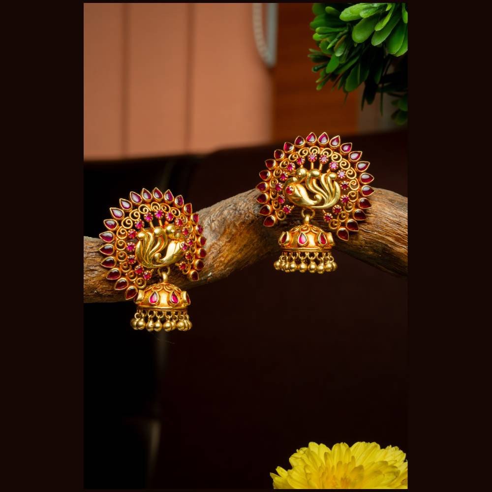Antique Peacock Jhumka Earrings with Kemp Stones