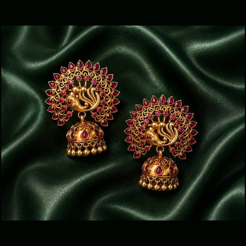 Antique Peacock Jhumka Earrings with Kemp Stones