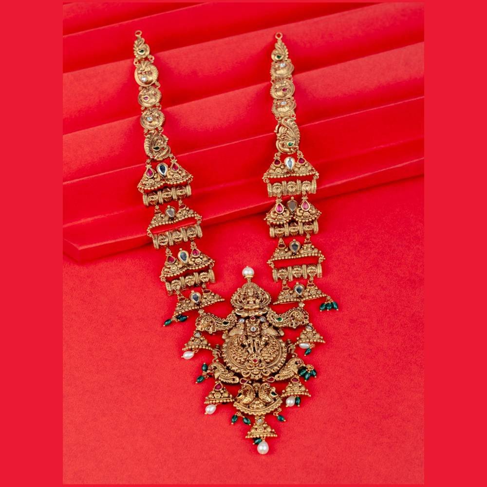 Antique Lakshmi Temple Necklace with Green Stones & Pearl Drops