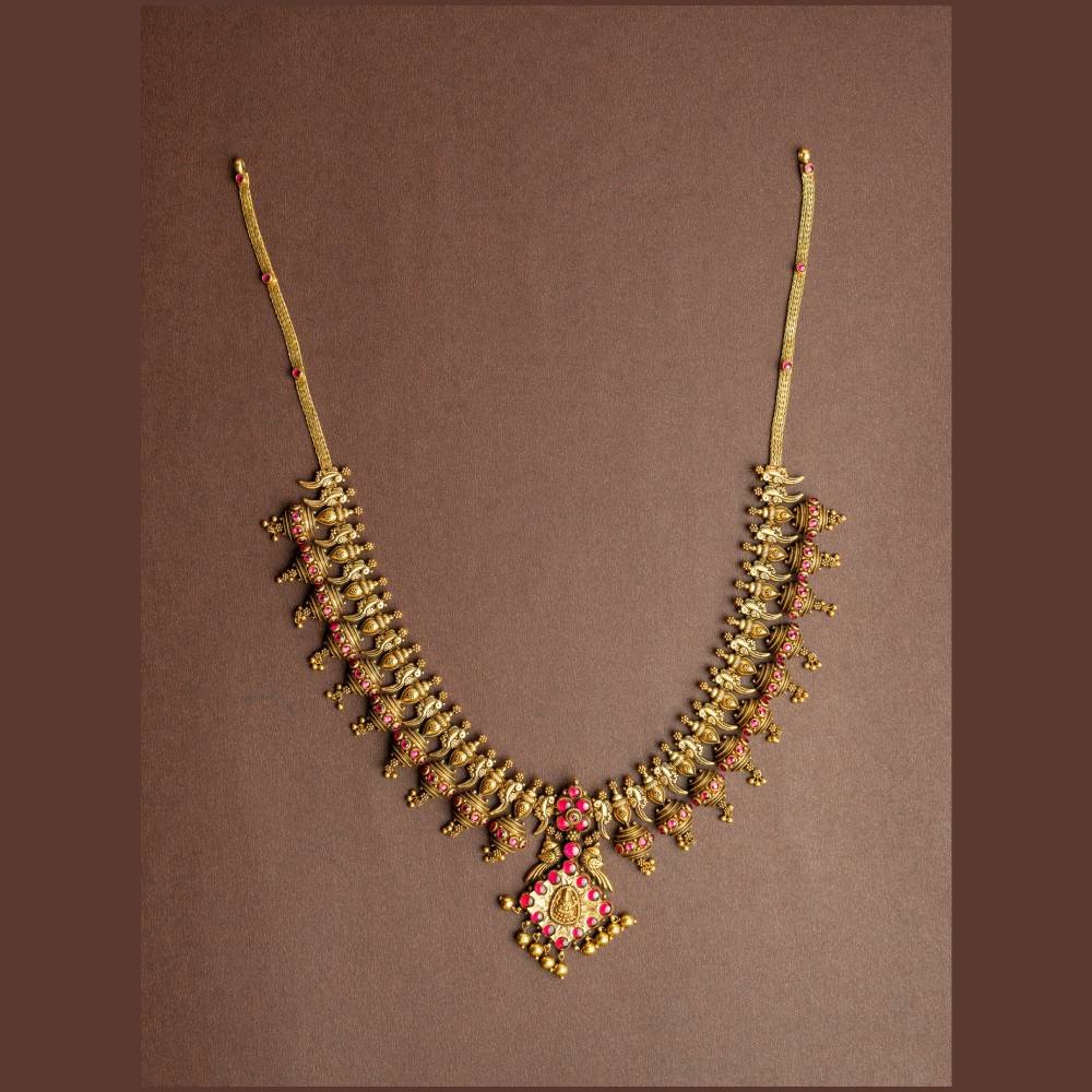 Antique Lakshmi Temple Necklace with Ruby Stones & Pearl Drops