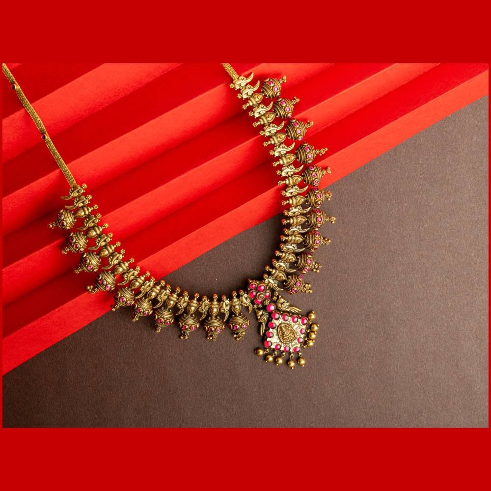 Antique Lakshmi Temple Necklace with Ruby Stones & Pearl Drops