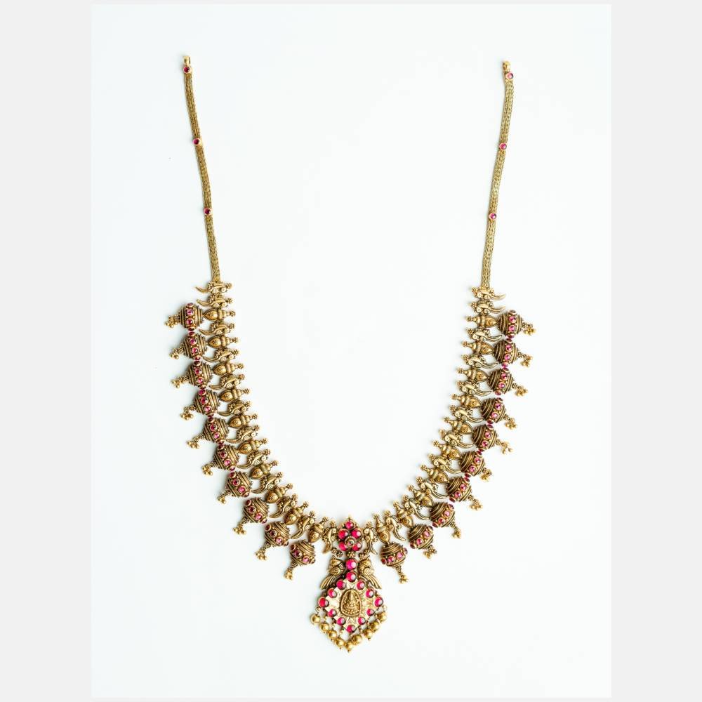 Antique Lakshmi Temple Necklace with Ruby Stones & Pearl Drops