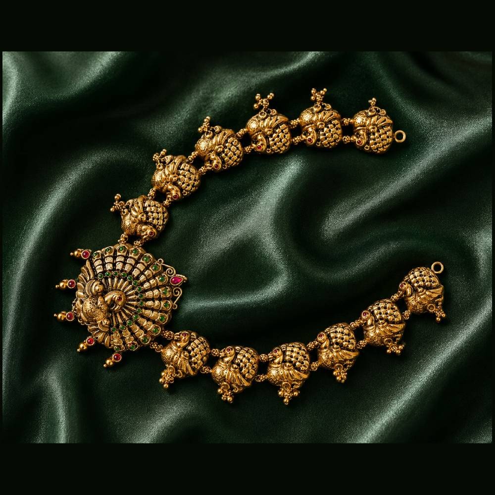 Antique Peacock Temple Necklace with Mayil Pendant & Green Ruby Stones