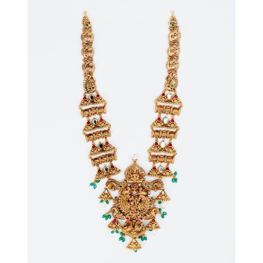 Antique Lakshmi Temple Necklace with Green Stones & Pearl Drops