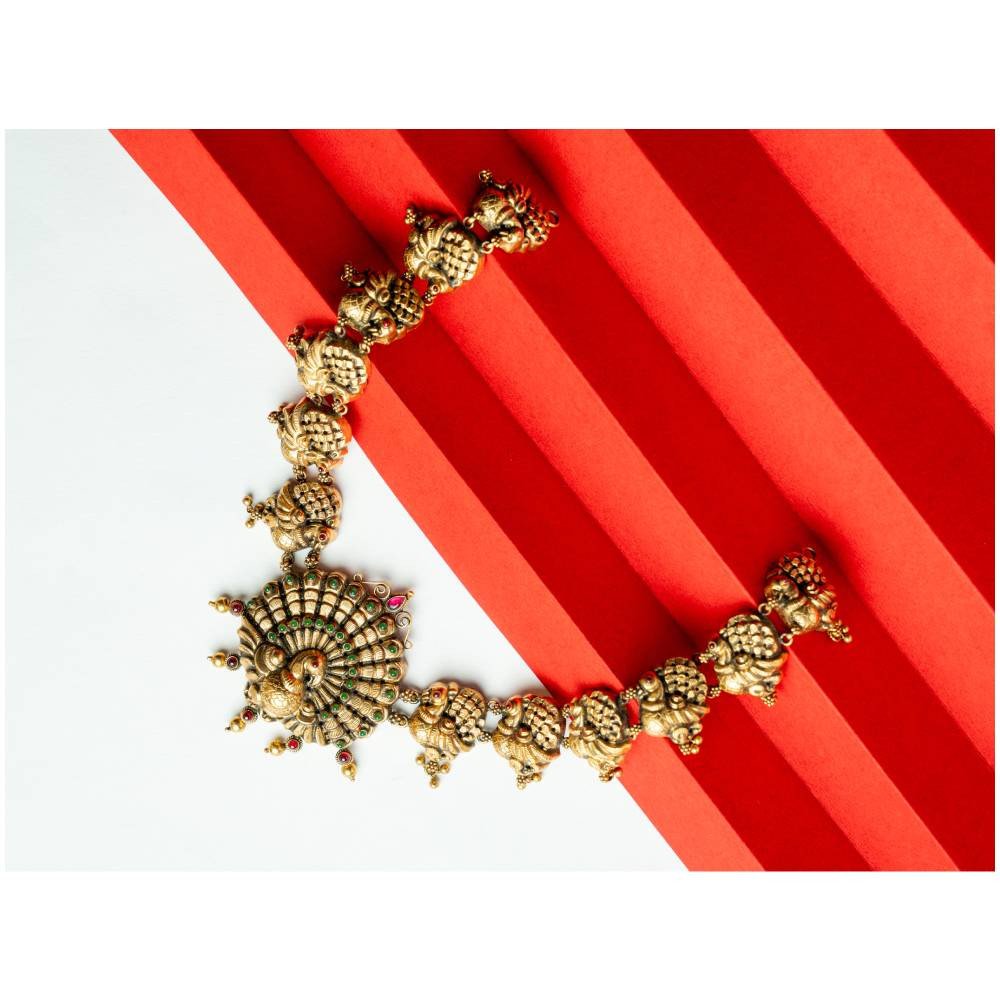 Antique Peacock Temple Necklace with Mayil Pendant & Green Ruby Stones