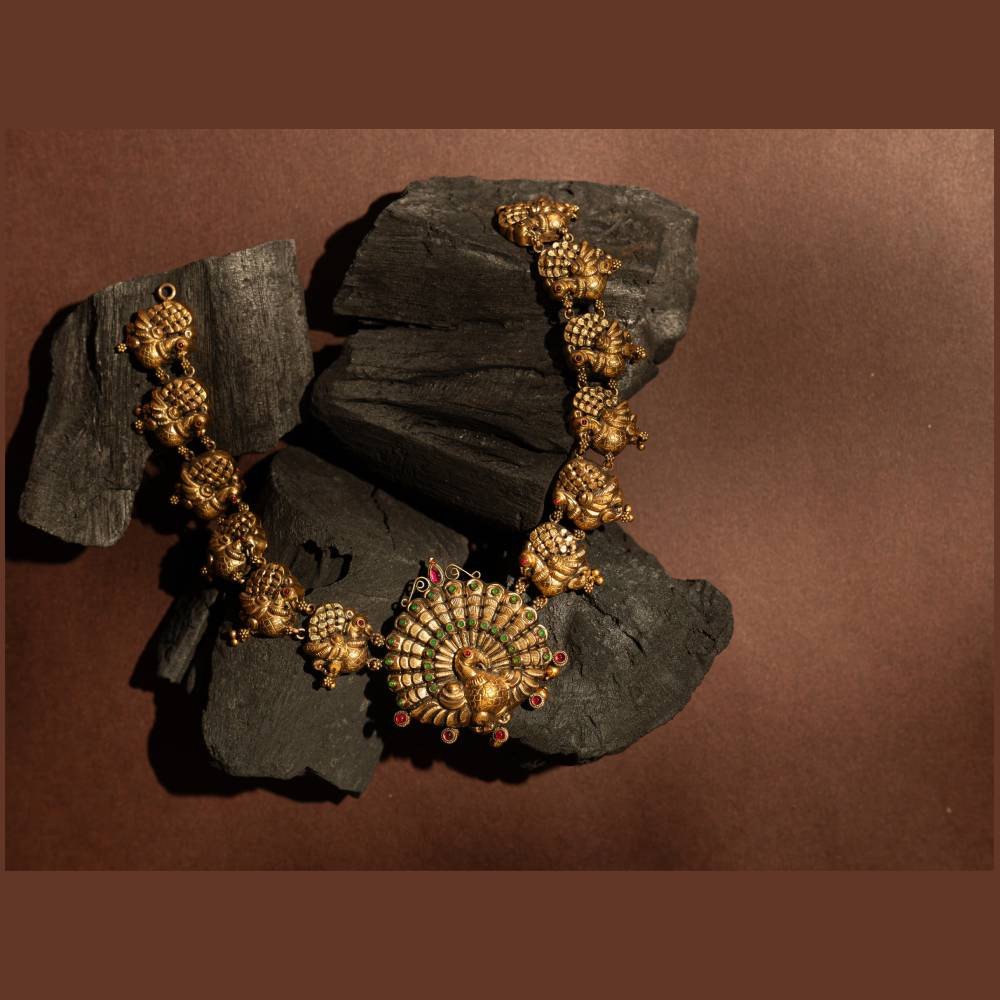 Antique Peacock Temple Necklace with Mayil Pendant & Green Ruby Stones